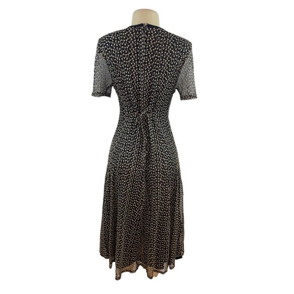 Vintage-Inspired Black & Beige Floral Midi Dress With Sheer Sleeves & Tie-Back - Picture 4 of 7